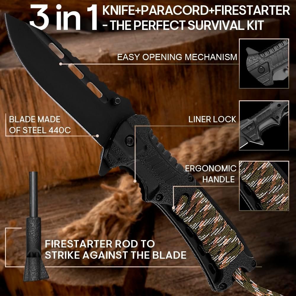 Tactical Folding Knife with Paracord, Whistle & Fire Starter – Outdoor Survival Gear