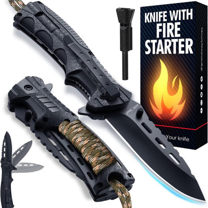 Tactical Folding Knife with Paracord, Whistle & Fire Starter – Outdoor Survival Gear