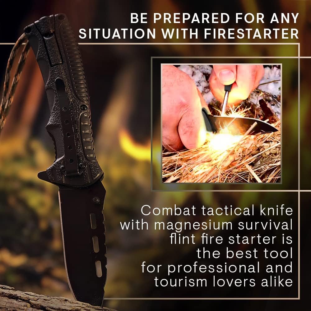 Tactical Folding Knife with Paracord, Whistle & Fire Starter – Outdoor Survival Gear