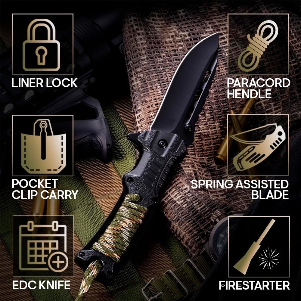 Tactical Folding Knife with Paracord, Whistle & Fire Starter – Outdoor Survival Gear