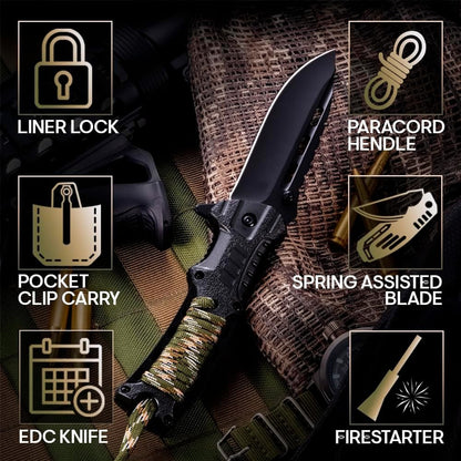 Tactical Folding Knife with Paracord, Whistle & Fire Starter – Outdoor Survival Gear